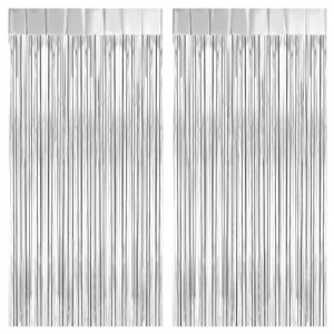 2 Pack Silver Foil Fringe Curtain Backdrop 32Ft X 82Ft Metallic Tinsel Foil Fringe Streamer Curtains For Party Photo Booth Pr