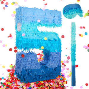 Number 5 Pinata With Stick Blindfold Confetti Gradient Blue Pinata For Kids 5Th Birthday Party Large Blue Pinata For Boys Girls