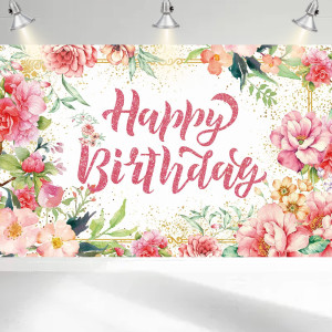 Happy Birthday Backdrop Banner For Girls Women Large Pink Watercolor Floral Birthday Banner Fabric Flowers Happy Birthday Phot