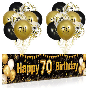 70Th Birthday Decorations For Men Women Black And Gold Black Gold Birthday Yard Banner Sign And 18 Pcs 70Th Happy Birthday Ball