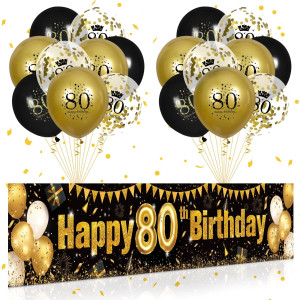 80Th Birthday Decorations For Men Women Black And Gold Black Gold Birthday Yard Banner Sign And 18 Pcs 80Th Happy Birthday Ball