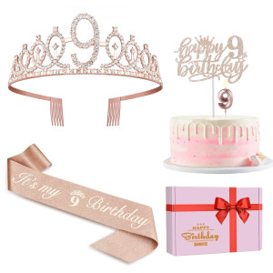 9Th Birthday Decorations For Girl Including 9Th Birthday Sash Birthday Crown For Girls Numeral 9 Candle And Cake Topper 9 Yea