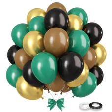 Gremag Football Balloon 60 Pcs Latex Balloon 12Inch Dark Green Black Khaki And Gold Balloon Kit With Ribbons For Football Spo