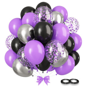 Gremag Black And Purple Balloon 60 Pcs Latex Balloon 12Inch Purple Black Silver Confetti Balloon With Ribbons For Wedding Bi