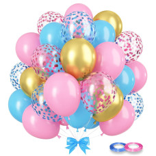 Gremag Gender Reveal Balloon 60 Pcs Pink Blue Gold Confetti Balloons 12Inch Latex Balloon Kit With Ribbons For Boys Girls Gen