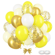 Gremag Yellow Balloons 60 Pcs Yellow White Gold Confetti Balloons 12Inch Latex Balloon With Ribbons For Baby Shower Birthday