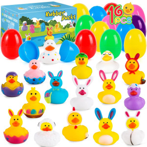 16Pcs Prefilled Easter Eggs With Rubber Duck Inside Easter Basket Stuffers Fun Squeeze Duckies Bunny Bathtub Toys For Kids Part