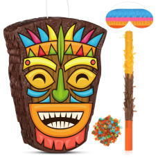 Threan Small Tiki Piata Tropical Hawaii Piata With Blindfold Bat Aloha Luau Piata For Girls Boys Kids Hawaiian Luau Themed Party