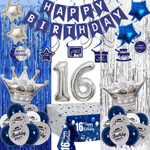 16Th Birthday Decorations For Boysgirls Sweet 16 Birthday Decorations Blue And Silver Including Happy 16Th Birthday Banner Ba