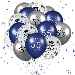 55Th Birthday Balloon Decorations 15 Pcs Navy Blue Silver 55Th Happy Birthday Balloons For Men Women 55 Anniversary Latex Infla