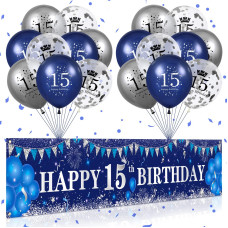 Blue 15Th Birthday Decorations For Boys Girls Navy Blue Silver Happy 15Th Birthday Yard Banner And 15Th Birthday Balloons For 1