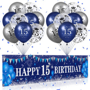 Blue 15Th Birthday Decorations For Boys Girls Navy Blue Silver Happy 15Th Birthday Yard Banner And 15Th Birthday Balloons For 1