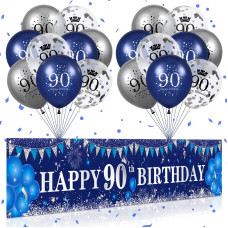 Blue 90Th Birthday Decorations For Men Women Navy Blue Silver Happy 90Th Birthday Yard Banner Blue 90Th Birthday Balloons For