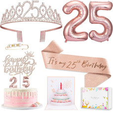 8Pcs 25Th Birthday Decorations For Women Girls Including 25 Year Old Birthday Cake Topper Birthday Queen Sash With Pearl Pin