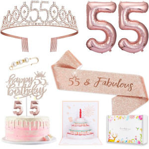 8Pcs 55Th Birthday Decorations For Women Including 55 Year Old Birthday Cake Topper Birthday Queen Sash With Pearl Pin Sweet