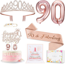 8Pcs 90Th Birthday Decorations For Women Including 90 Year Old Birthday Cake Topper Birthday Queen Sash With Pearl Pin Sweet