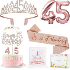 8Pcs 45Th Birthday Decorations For Women Including 45 Year Old Birthday Cake Topper Birthday Queen Sash With Pearl Pin Sweet