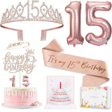 8Pcs 15Th Birthday Decorations For Girls Including 15 Year Old Birthday Cake Topper Birthday Queen Sash With Pearl Pin Sweet