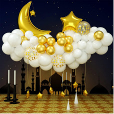 Ramadan Mubarak Balloon Garland Arch Kit White Gold Balloons With Metallic Gold Confetti Latex Balloons Moon Star Foil Balloons