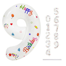 White Number 9 Birthday Balloon For Girls Boys 32 Large Colorful Print Number 09 Foil Balloons Set Multicolor Happy 9Th Bir