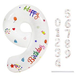 White Number 9 Birthday Balloon For Girls Boys 32 Large Colorful Print Number 09 Foil Balloons Set Multicolor Happy 9Th Bir