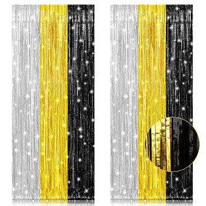 Pigetale 2 Pack 32X82 Feet Silver Black And Gold Tinsel Foil Fringe Curtains Streamers Backdrop For Bridal Baby Shower Weddin