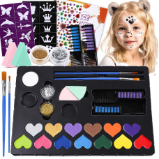 Face Painting Kit For Kids 15 Colors Nontoxic Water Based Face Paint Kits Brushes Sponges Glitters Gem Sheet Stencils Hair Ch