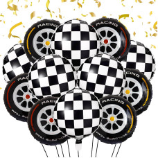 Stcomart 18 Inch Race Car Wheel Balloons Black And White Checkered Balloons For Birthday Party Race Car Theme Party 12 Pcs