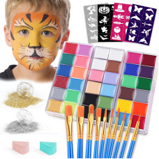 Vespro Face Painting Kit For Kids Party 32 Colors Professional Oil Facebody Paint Kit With 10 Brushes 4 Reusable Face Stencils