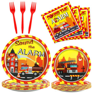 100 Pcs Firetruck Birthday Party Decorations Fireman Plates And Napkins For Firefighter Party Supplies Fire Truck Birthday Theme