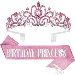 Cieher Princess Crown And Birthday Sash Set Pink Birthday Crown Birthday Girl Crown Birthday Tiara For Women Birthday Birthday