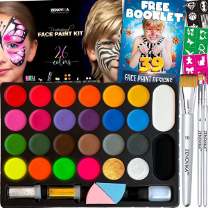 Zenovika Face Painting Kit For Kids Nontoxic And Hypoallergenic Face Paint Kit With 26 Colors Stencils Book And Profession