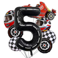 Stcomart 8 Pcs Race Car Party Decorations Black Number 5 Balloon Checkered Balloons Tire Balloons For Boys 5Th Birthday