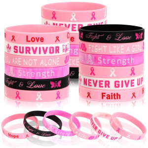 Junebrushs 42Pcs Breast Cancer Awareness Accessories Silicone Bracelets Hope Faith Strength Courage Accessories Wristbands For W