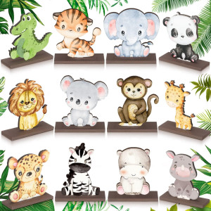 Yaomiao 12 Pcs Safari Baby Shower Centerpieces Safari Jungle Animals Wooden Table Centerpiece Safari Baby Shower Decorations Wil