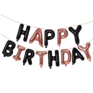 Black Rose Gold Happy Birthday Balloons Banner 16 Inch Mylar Foil Letters Sign Reusable Balloons For Women Men Boys Girls Bi