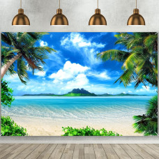 Maqtt 10X8Ft Hawaiian Tropic Palm Tree Beach Ocean Blue Sky And White Clouds Wedding Photography Party Decoration Banner Photo