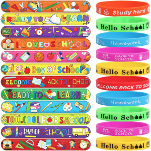 Junebrushs Back To School Slap Bracelets And Silicone Wristbands Set 50 Pcs Welcome Back To School Gifts For Kids Students Rub