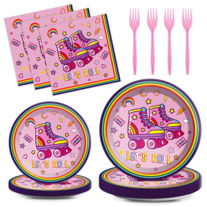 Qyeahkj 100Pcs Roller Skating Party Plates And Napkins Tableware Set Supplies For 25 Guests Pink Roller Skating Birthday Party D