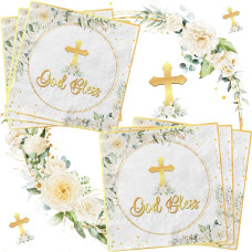 40Pcs Floral God Bless Napkins First Communion Decorations White Baptism Paper Napkins For Girl Boy Newborn Baby Shower Baptism