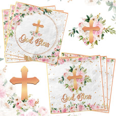 First Communion Decorationsgod Bless Baptism Napkins 40Pcs Pink Disposable Baptism Christian Paper Napkins For Girl Boy Newborn