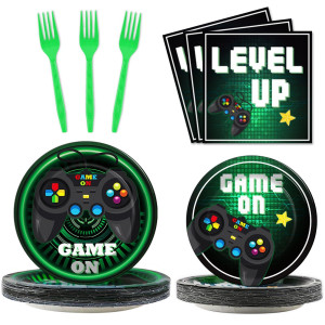 96 Pcs Video Game Plates And Napkins Party Supplies Gaming Party Tableware Set Green Gamer Party Decorations Favors For Kids Bir