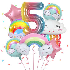 5Th Birthday Decorations 8 Pcs 5 Balloons Birthday Foil Balloons With Rainbow Pink Star Pastel Round Balloons Number 5 For Gir