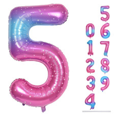 Rainbow Gradient Number 5 Balloon For Girls 40 Inch Large Blue Pink Purple Number 09 Foil Mylar Helium Digital 5 Balloons Set