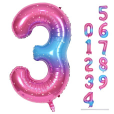 40 Inch Rainbow Large Numbers Balloons 3 Self Inflating Gradient Blue Pink Purple Digit 3 Helium Balloons For 3Rd Girls Starry