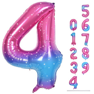 Gradient Rainbow 4 Balloons 40 Inch Large Blue Pink Purple Foil Number Balloons Set 09 Self Inflating Starry Digital 4 Helium