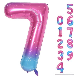 40 Rainbow Number 7 Balloons Giant Self Inflating Gradient Blue Pink Foil Number Balloons Set 09 Starry Digital 7 Helium Ba