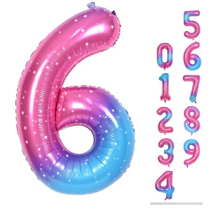 Gradient Blue Pink Number Balloons 40 Large Rainbow Number 6 Foil Mylar Helium Balloons For Girls Women Colorful Starry Self