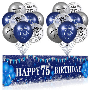 Blue 75Th Birthday Decorations For Men Women Navy Blue Silver Happy 75Th Birthday Yard Banner Blue 75Th Birthday Balloons For