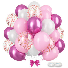 Gremag Pink And White Balloons 12Inch Metallic Magenta Pearl White Macaron Pink Confetti Rose Gold Balloon Kit With Ribbon 60